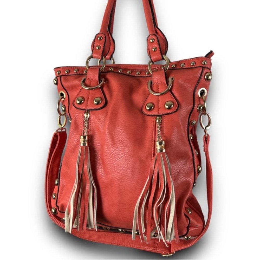 Coral Orange Vegan Leather Gold Studded Oversized Tote Bag With Adjustable Strap - Picture 16 of 16